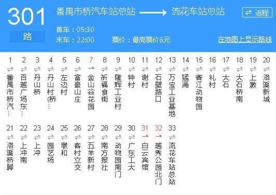 广州301路公交车路线查询及注意事项
