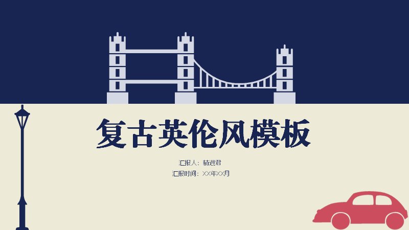 复古英伦风通用商务汇报PPT模板（22页米白深蓝版式）预览