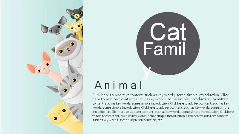 猫咪家族动物主题通用商务汇报PPT模板（24页含柱形与占比图表）预览