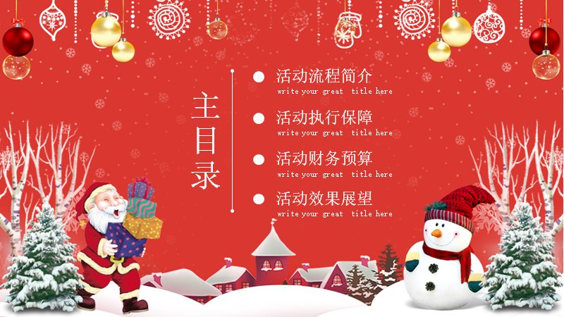 圣诞主题活动策划PPT模板（24页红底雪村四章版式）预览