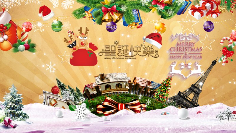 圣诞平安夜祝福贺卡PPT模板（10页米色花环边框版式）预览