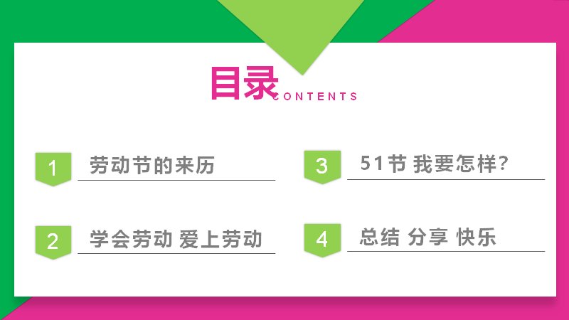 五一劳动节主题班会教育PPT课件（32页绿粉撞色卡通插画版式）预览
