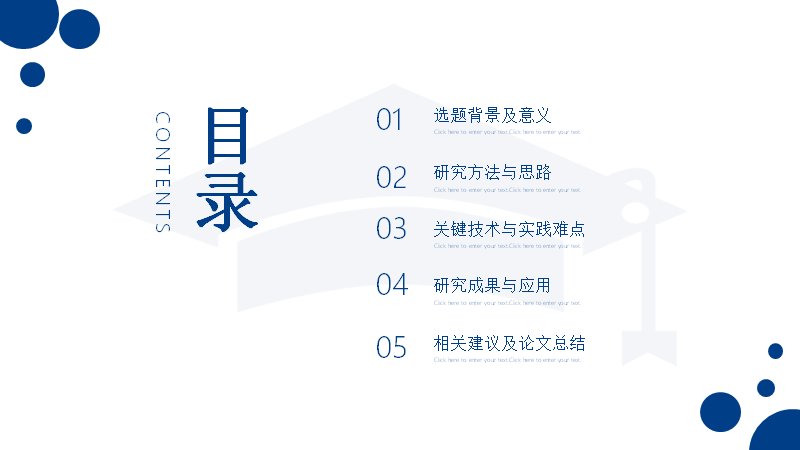 毕业论文答辩模板（23页深蓝学术风含四枚环形数据页）预览