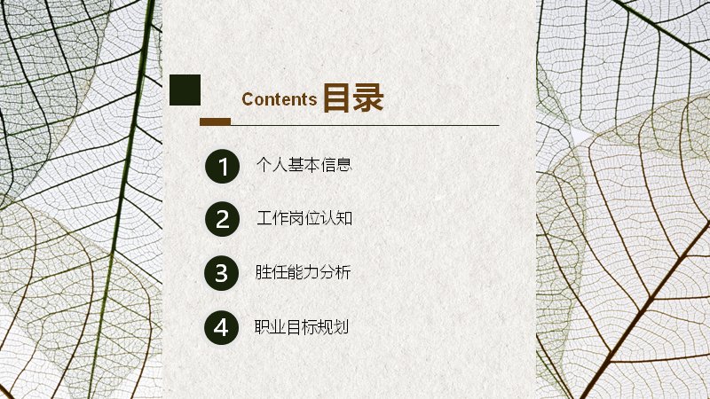 叶脉纹理个人简历竞聘求职PPT模板（24页自然绿棕版式）预览