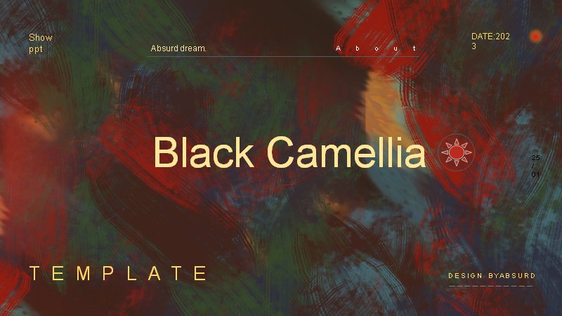 Black Camellia暗调油画作品集PPT模板（15页黑金笔触质感版式）预览