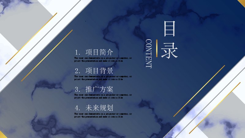 蓝金大理石纹推广方案商务汇报PPT模板预览