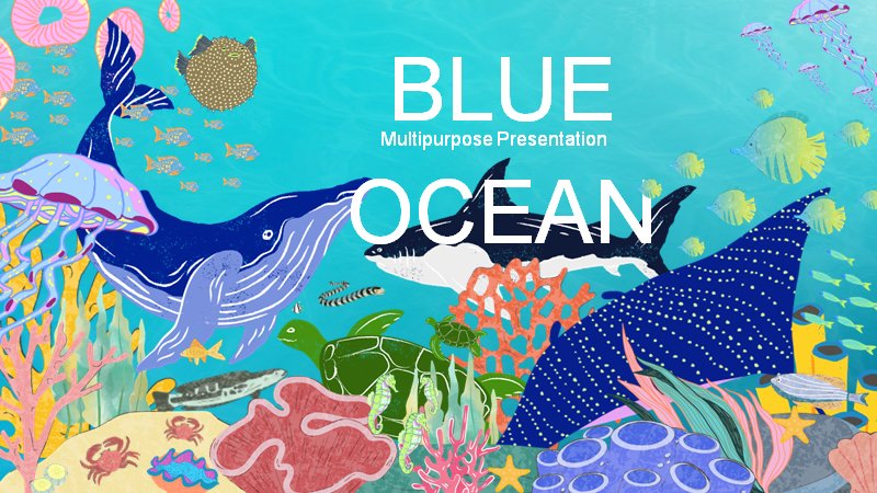 蓝绿海洋插画多用途PPT模板（24页卡通海洋生物版式）预览