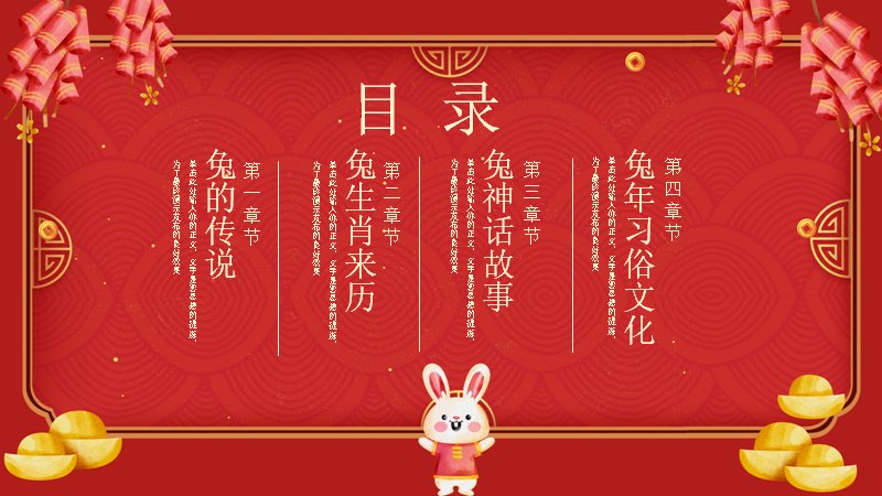 瑞兔迎春兔年习俗文化宣传PPT模板（16页中国风红金版式）封面预览