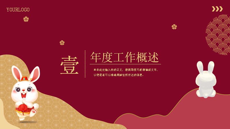 兔年大吉红色兔耳纹年终汇报PPT模板预览