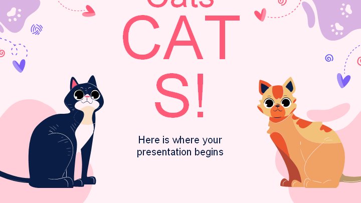 可爱猫咪主题粉彩插画通用PPT模板（64页含环形图表版式）预览