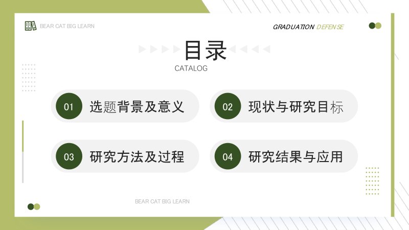 绿色简约毕业答辩PPT模板 四章节结构清晰可编辑预览