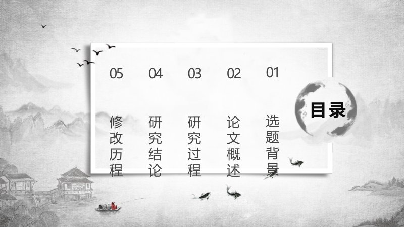 中国风水墨毕业论文答辩PPT模板（26页·含五章结构）预览