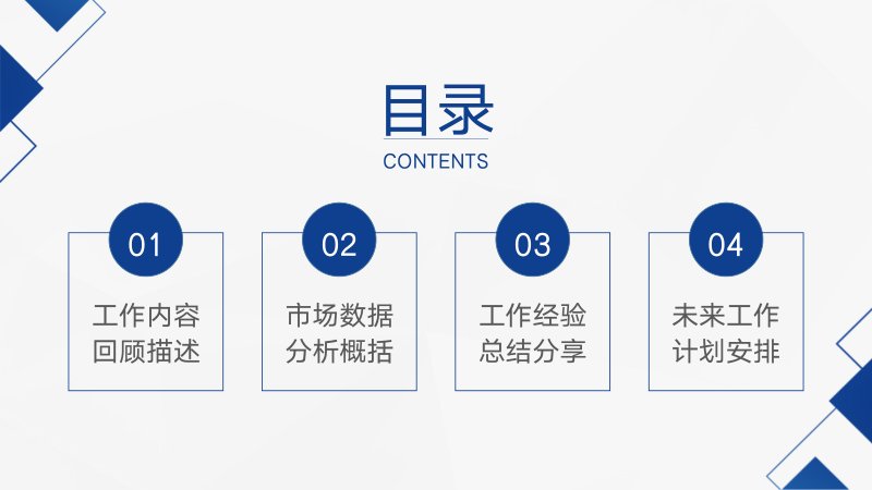 蓝色简约工作总结汇报 PPT 模板 19 页含分组柱形图预览