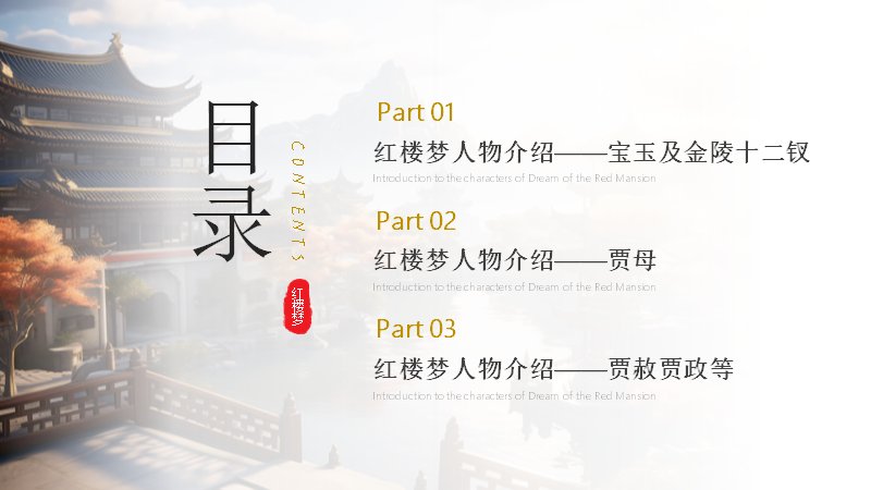 红楼梦人物介绍课件模板三十二页金橙雪景宫殿古典版式预览