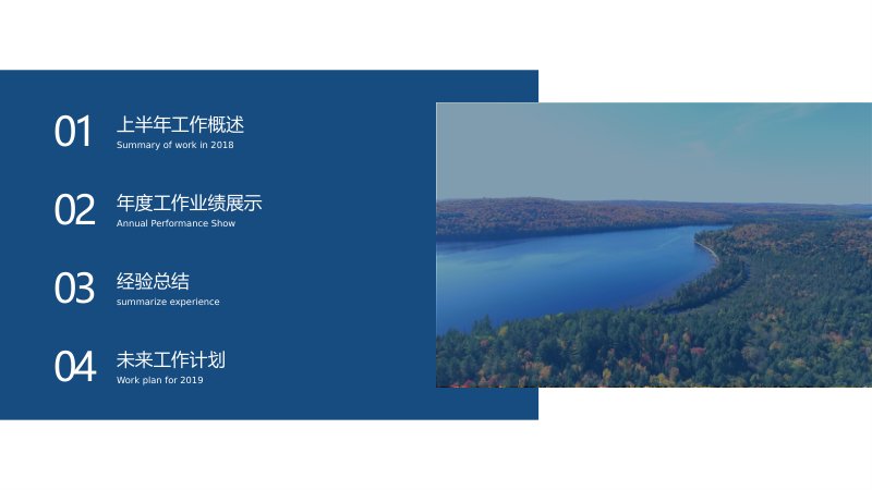 经典蓝商务 PPT 模板：五个百分比环与长条图汇报版式预览