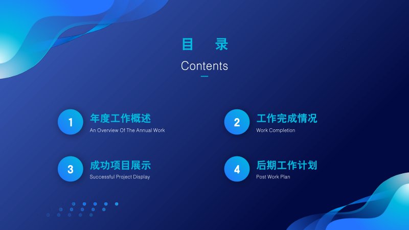 深蓝流体渐变商务年中总结汇报 PPT 模板 四章节结构版式预览
