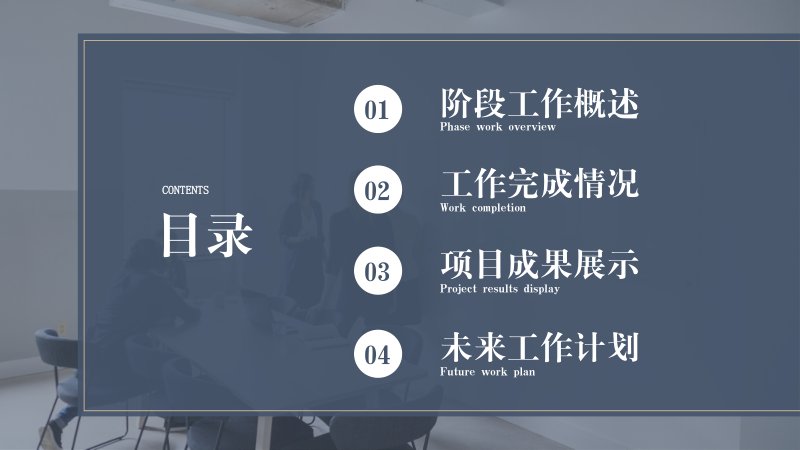 雾蓝商务风工作汇报PPT模板含雷达图与SWOT四宫格预览